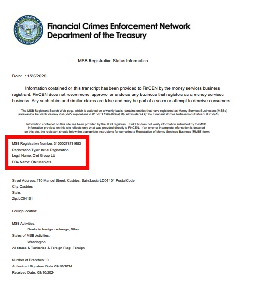 استعلام ثبت MSB شرکت Otet Group Ltd در FinCEN؛ این ثبت نباید بهعنوان مجوز بروکری آمریکا معرفی شود. تاریخ بررسی: ۵ مرداد ۱۴۰۵.